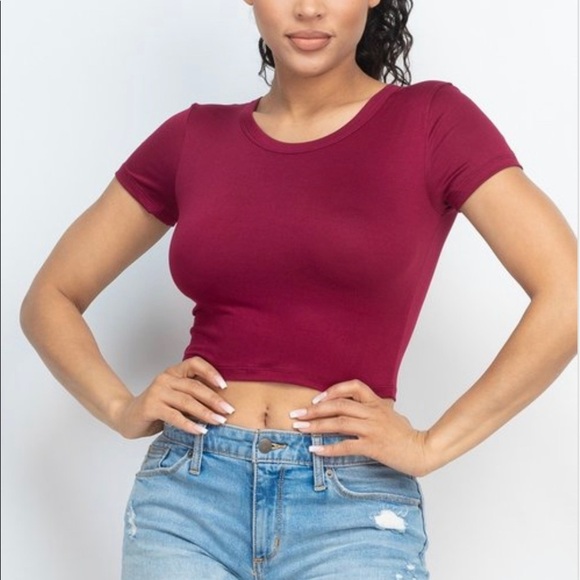BURGUNDY CROPPED TOP SHORT SLEEVE CAP SLIM FITTED SHIRT - Picture 1 of 1